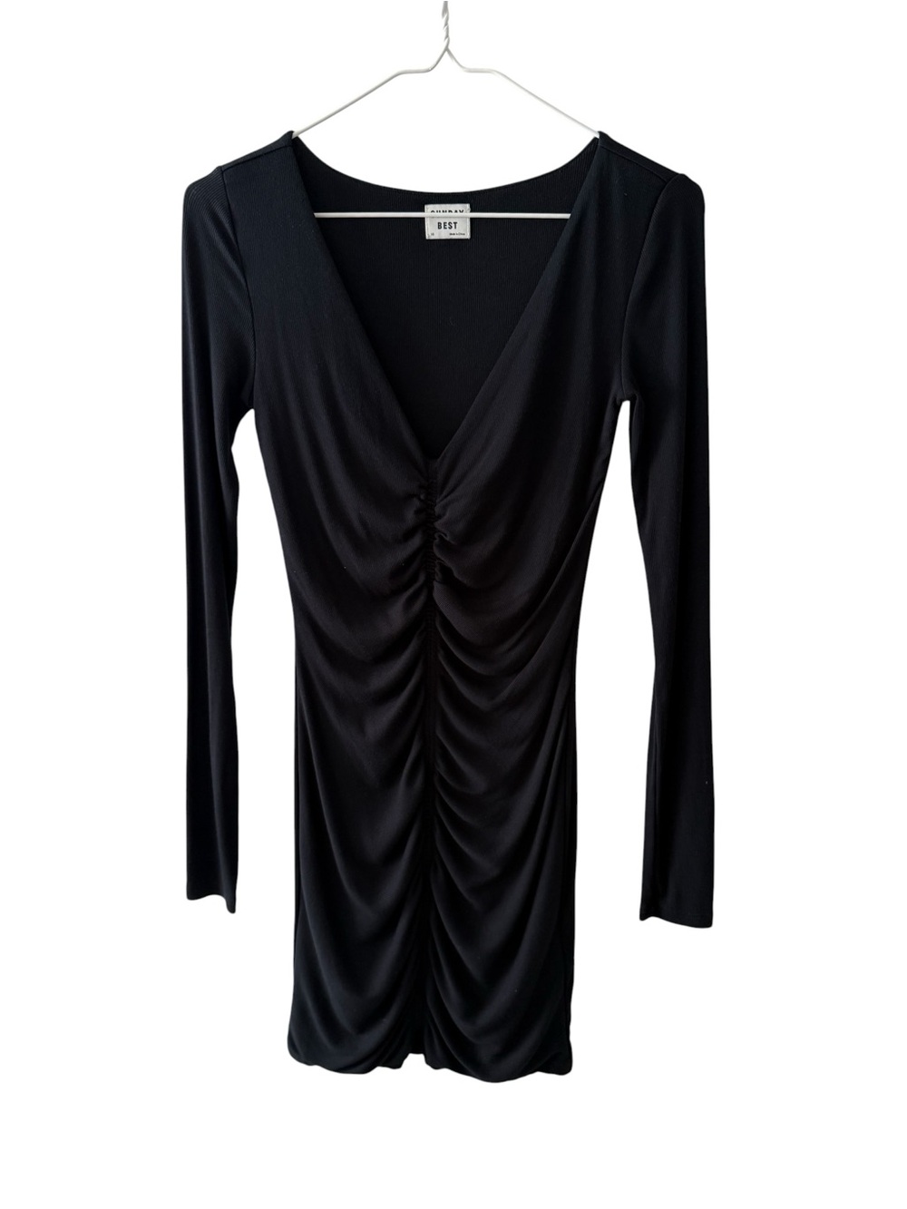 Aritzia Sunday Best Ribbed Black Long Sleeve V-Neck Modal Bodycon Dress Size XS